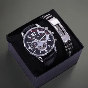Close-up of men's watch and bracelet set in a black gift box with leather straps