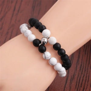 8mm white turquoise and matte black beaded couple bracelets with heart magnetic charms