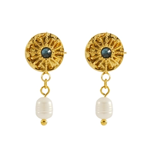Retro starburst stainless steel earrings with blue gemstone and white oval pearl drop