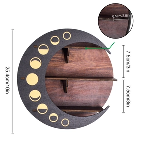 Detailed size chart for boho moon phase wooden shelf showing 10-inch diameter and depth
