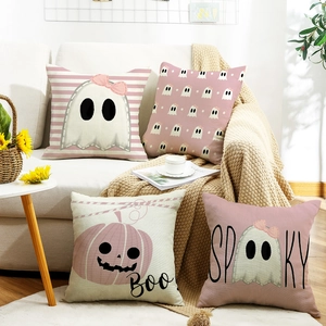 Halloween Throw Pillowcase Linen Cushion Cover Cute Pink Ghost Pumpkin Boo Spooky Print For Sofa Home Decor