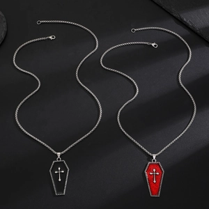 Gothic coffin cross necklaces in black and red glitter finish for men and women
