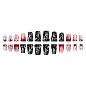 24pcs long square press-on nails with leopard print, stars, and metal pendants