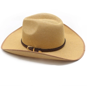 Detail of light beige straw cowboy hat featuring a dark brown leather belt and gold buckle