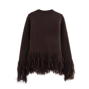 Women's knit jacket in dark brown with elegant long fringe hem and round collar design