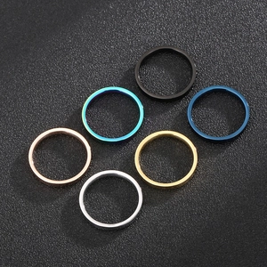 Detailed set of 3mm stainless steel rings in black, blue, rainbow, gold, and silver