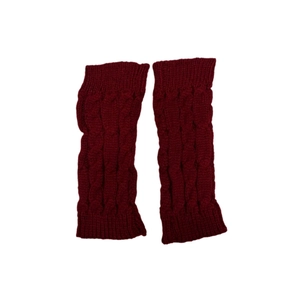 Winter wine red cable knit long arm warmers with elastic ribbed cuffs on white background