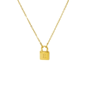 Minimalist gold titanium steel necklace featuring a square padlock pendant with letter E