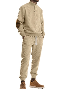 Men's khaki knit tracksuit featuring high neck buttoned top and matching joggers
