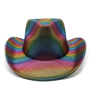 Macro shot of colorful metallic rainbow gradient texture and cowboy hat weave detail