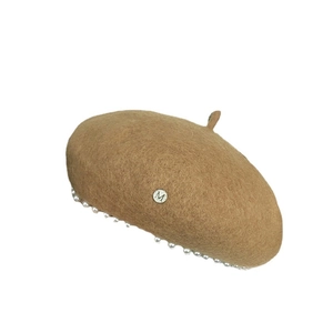 Camel wool beret with white pearls and metal M logo, vintage British style octagonal hat