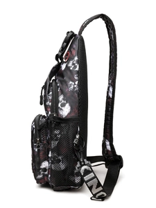Schwarze Brusttasche mit Totenkopf-Blumenmuster, verstellbarem Gurt und Netzrücken