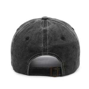 Adjustable washed cotton baseball cap in dark grey with vintage metal buckle and contrast stitching