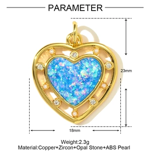 Golden heart pendant with blue opal, pearls and cubic zirconia, size 23mm x 18mm