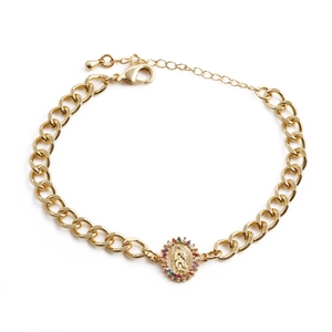 Gold-plated chain bracelet with Virgin Mary pendant and multicolor cubic zirconia accents