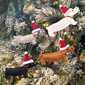 Christmas Tree Ornament Dachshund Dog Felt Hanging Pendant With Red Hat Gold Bell Holiday Party Home Decor Cute Cartoon