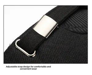 Detail of adjustable metal buckle and black wool strap on the back of the baseball cap