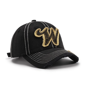 Black washed denim baseball cap with white contrast stitching and embroidered W letter