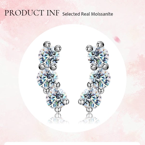 Detailed macro view showing three round-cut Moissanite stones in a row on silver studs