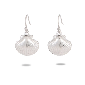 Elegant silver shell earrings in stainless steel with textured metallic finish on white background