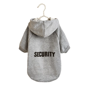 Gray pet hoodie with black SECURITY print on back, shown on pearl hanger against white background