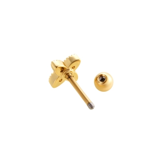 Close-up of golden cross-shaped stainless steel screw back earring with a sphere stud
