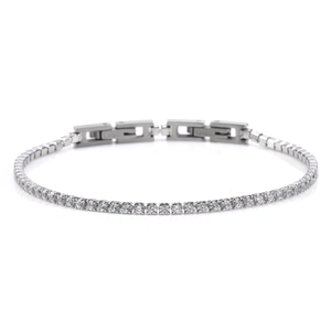 Detailed macro view of silver stainless steel tennis bracelet with white zircon stones