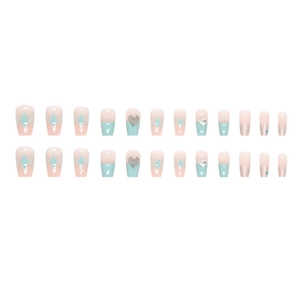 French press-on nails with blue-pink gradient, rhinestone heart, and geometric patterns