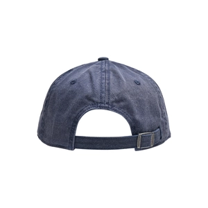 Detail of adjustable metal roller buckle on washed denim baseball cap back view