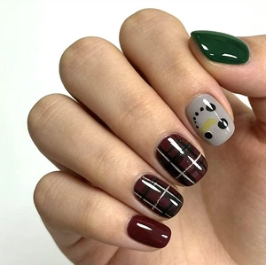 Christmas Reindeer Snowman Press On Nails ABS Cute Plaid Striped False Nails For Women Winter Party Holiday Nail Art Decor