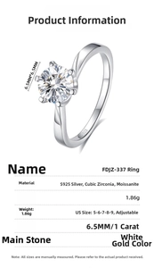 Detail view of 1 carat moissanite ring with S925 silver specs and adjustable band size