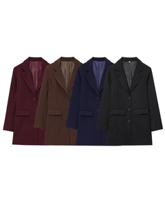 Flat lay of four blazers in burgundy, brown, navy, and black with buttoned pocket details