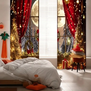 Christmas blackout curtains with golden tree and red theater curtain festive design
