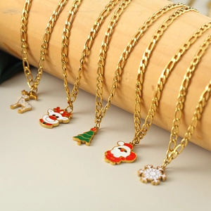 Stainless Steel Christmas Santa Claus Reindeer Snowman Pendant Necklace For Women Festive Enamel Holiday Jewelry Gold