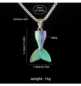 Detailed size chart showing 70cm rainbow fishtail pendant necklace dimensions and weight