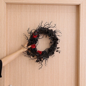Gothic Halloween black dead branch wreath with red and black roses for door decoration