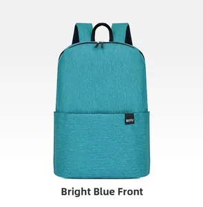 Front view of bright blue lightweight backpack with front pocket and durable zippers