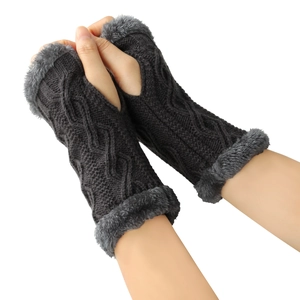 Détails des mitaines en tricot gris foncé avec bordure élégante en fausse fourrure