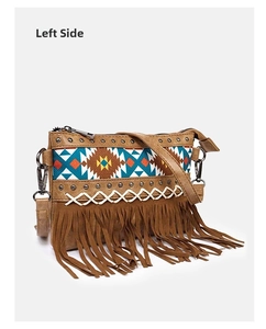 Left side view of bohemian brown crossbody bag with colorful patterns and long fringe