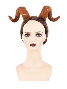 Detailed view of brown plush ram horns headband on a display mannequin head for cosplay costume