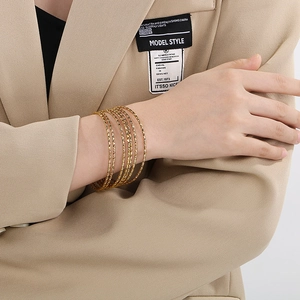 Stainless Steel Bangle Bracelets Multi Layered Thin Textured Geometric Stackable Gold Tone Women Fashion