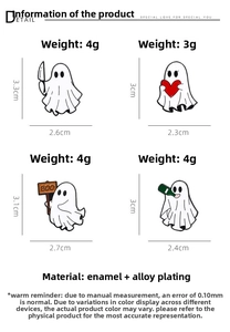 Detailed dimensions of Halloween ghost enamel pins featuring heart and boo signs