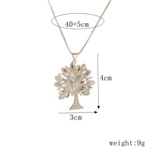 Gold Life Tree necklace with colored zircons and detailed size specs on white background