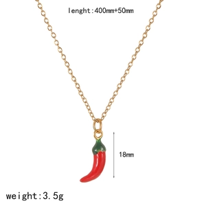 Detail of gold necklace with red and green enamel chili pendant and size measurements