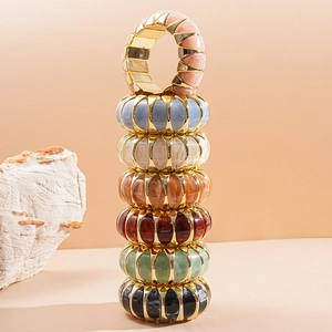 Chic acrylic resin stretch bracelets with marble texture and gold metal base