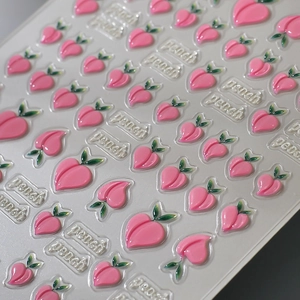 3D jelly peach nail art stickers with clear crystal peach lettering and pink gradients