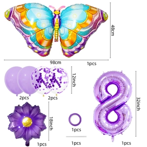 Détail du kit de ballons papillon violets avec chiffre 8 et décorations tournesol