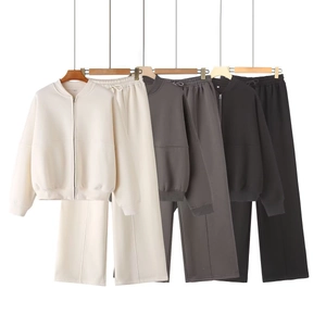 Women Zip Up Sweatshirt Jacket And Wide Leg Pants Casual Minimalist Fleece Lined Knit Sporty Hoodies Loungewear Outfits