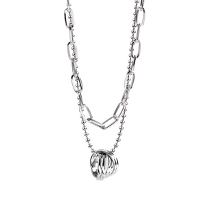 Silver double-layer paperclip and bead chain necklace with multi-ring winding pendant