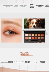 Detail of 12-color eyeshadow palette with matte and shimmer textures in warm tones
